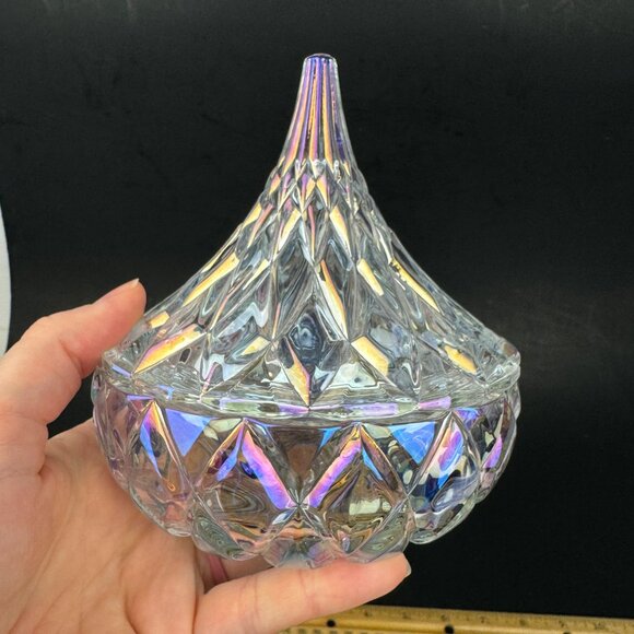 Clear Glass Iridescent Crystal Hershey Kiss Textured Trinket Candy Dish w Lid - Picture 16 of 16